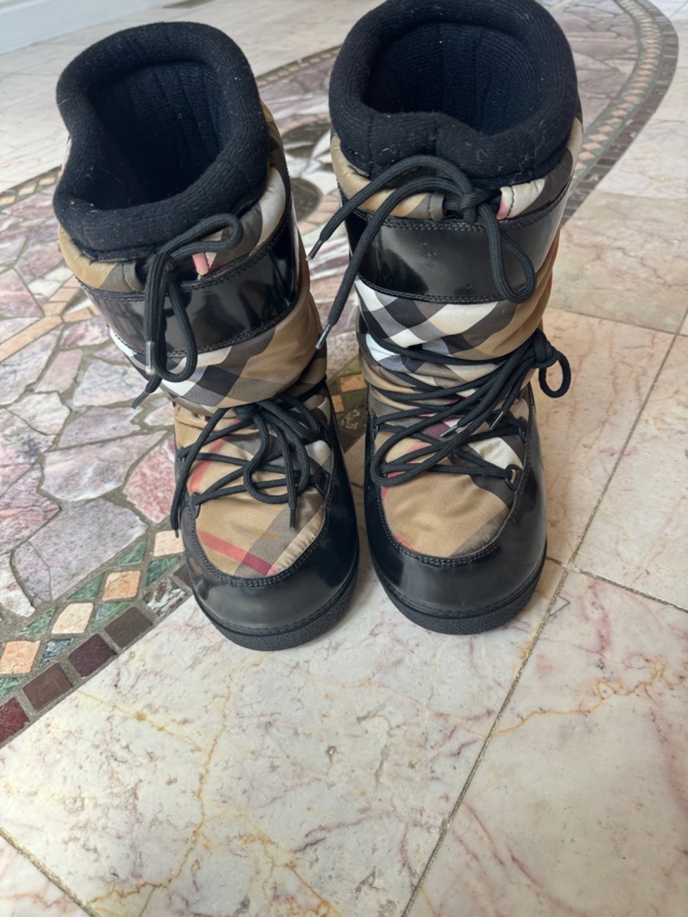 Burberry Beige Plaid and Black Lace-Up Winter Boots